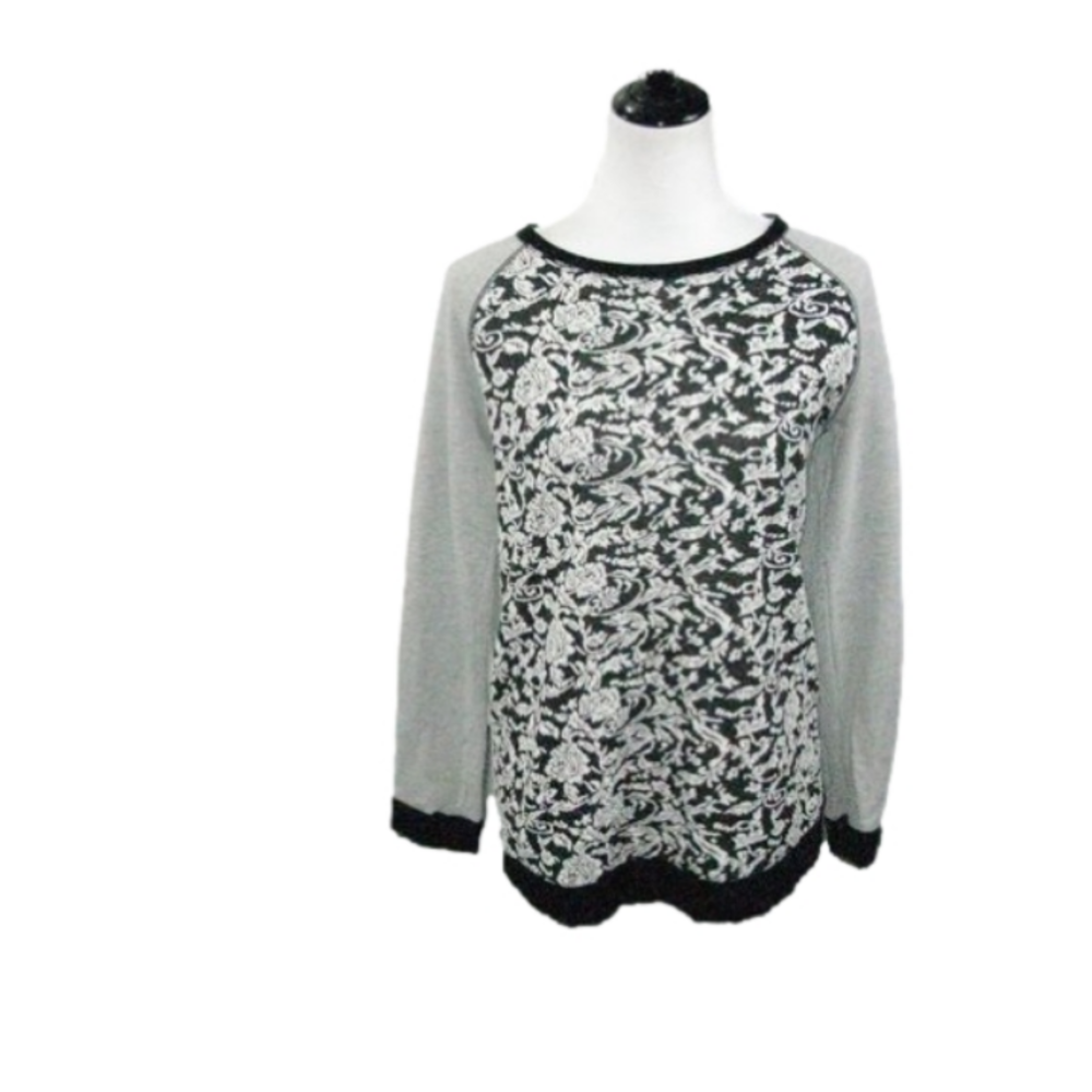JOLT Black/White Floral Front Long Sleeve Knit Top Size Large